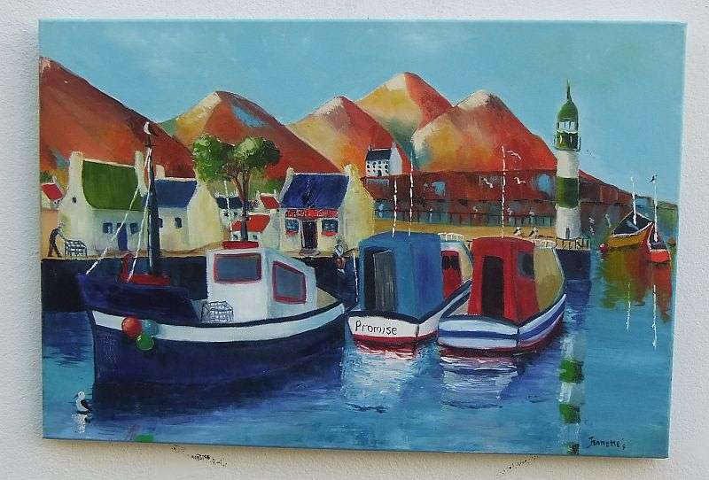 A GREAT SIZED ORIGINAL ACRYLIC ON CANVAS SIGNED JEANETTE G ...BOATS AT THE HARBOUR !!