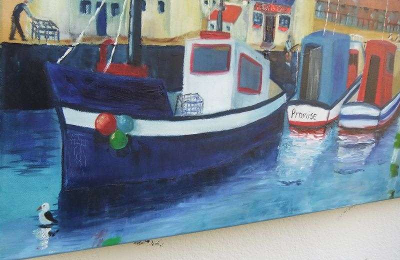 A GREAT SIZED ORIGINAL ACRYLIC ON CANVAS SIGNED JEANETTE G ...BOATS AT THE HARBOUR !!