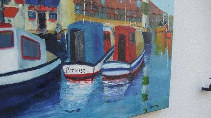 A GREAT SIZED ORIGINAL ACRYLIC ON CANVAS SIGNED JEANETTE G ...BOATS AT THE HARBOUR !!