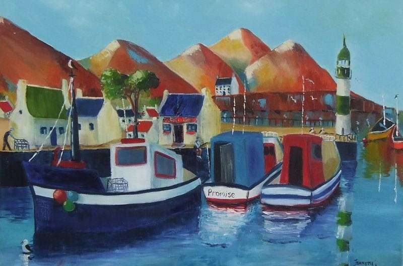 A GREAT SIZED ORIGINAL ACRYLIC ON CANVAS SIGNED JEANETTE G ...BOATS AT THE HARBOUR !!