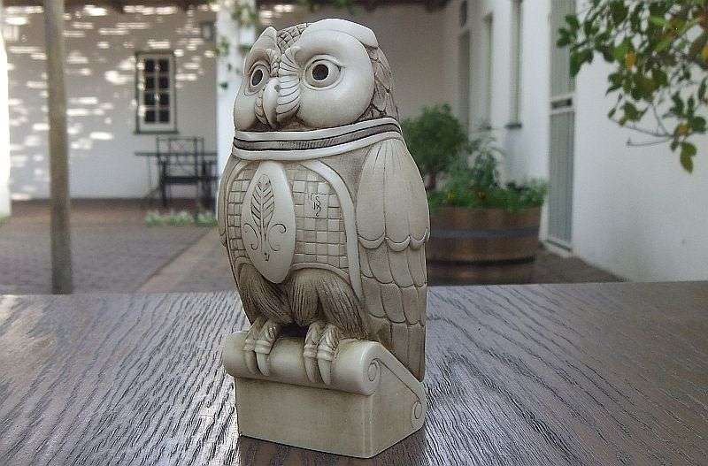 A STUNNING RARE CRUSHED MARBLE STATUE OF AN OWL " PROF " BY SA ARTIST JOHN BICCARD !! HIGH VALUE !!