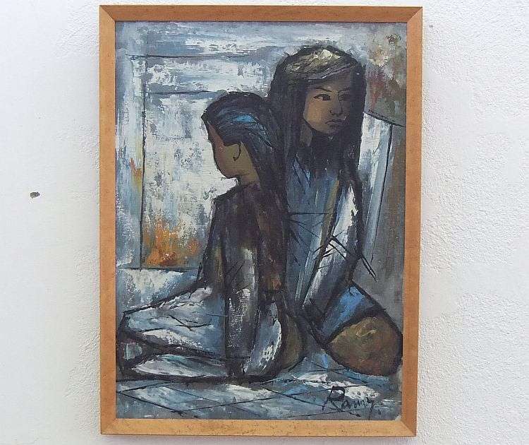 A STUNNING ORIGINAL OIL ON BOARD DEPICTING TWO YOUNG GIRLS SIGNED BY THE ARTIST ...RAMY ?? AWESOME !