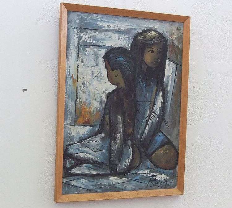 A STUNNING ORIGINAL OIL ON BOARD DEPICTING TWO YOUNG GIRLS SIGNED BY THE ARTIST ...RAMY ?? AWESOME !