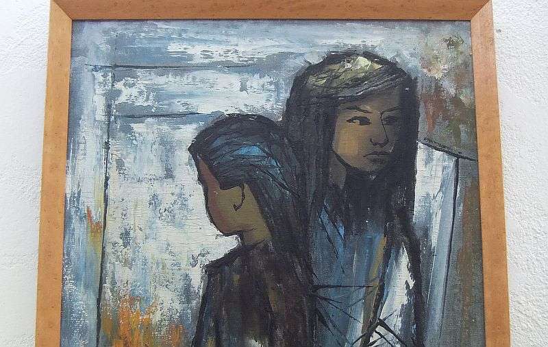 A STUNNING ORIGINAL OIL ON BOARD DEPICTING TWO YOUNG GIRLS SIGNED BY THE ARTIST ...RAMY ?? AWESOME !