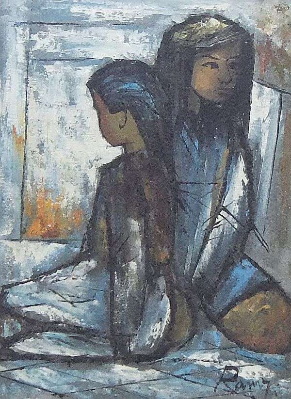 A STUNNING ORIGINAL OIL ON BOARD DEPICTING TWO YOUNG GIRLS SIGNED BY THE ARTIST ...RAMY ?? AWESOME !