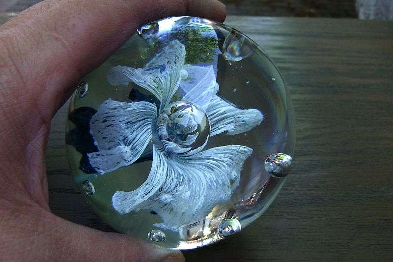 A GORGEOUS VINTAGE SOLID GLASS PAPERWEIGHT WITH INTERNAL FLOWER MOTIF AND BUBBLES !! HEAVY PIECE !!