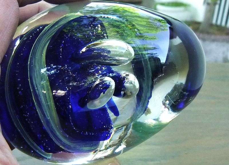 A MAGNIFICENT HEAVY VINTAGE SOLID GLASS CONICAL SHAPED PAPERWEIGHT WITH AMAZING SWIRLS OF COLOR !!