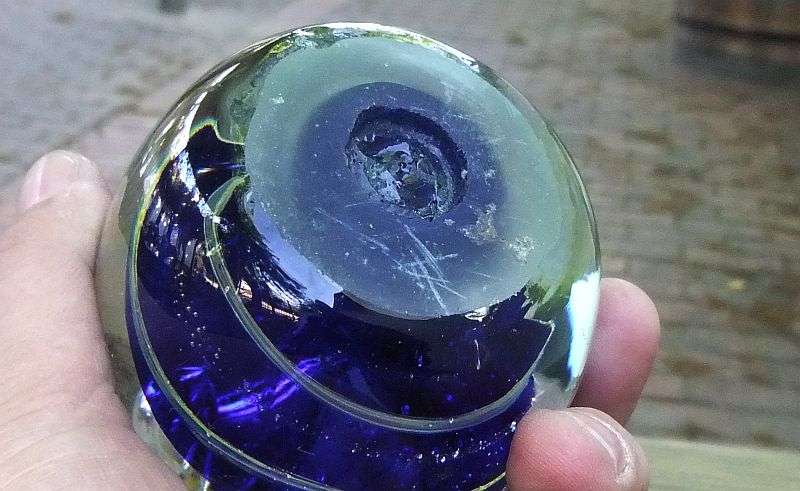 A MAGNIFICENT HEAVY VINTAGE SOLID GLASS CONICAL SHAPED PAPERWEIGHT WITH AMAZING SWIRLS OF COLOR !!
