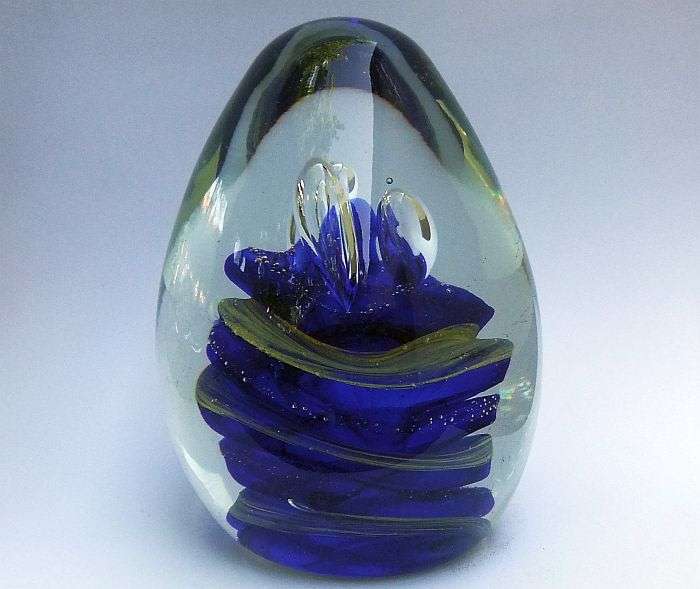 A MAGNIFICENT HEAVY VINTAGE SOLID GLASS CONICAL SHAPED PAPERWEIGHT WITH AMAZING SWIRLS OF COLOR !!