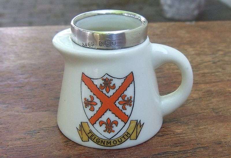 SUCH A CUTE FIND !! AN OLD MINIATURE PORCELAIN MODEL OF A BEAKER WITH HALLMARKED SILVER RIM !! WOW