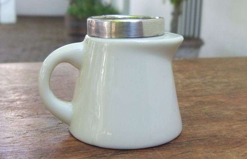 SUCH A CUTE FIND !! AN OLD MINIATURE PORCELAIN MODEL OF A BEAKER WITH HALLMARKED SILVER RIM !! WOW