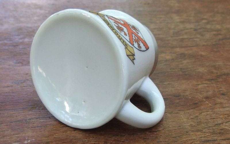 SUCH A CUTE FIND !! AN OLD MINIATURE PORCELAIN MODEL OF A BEAKER WITH HALLMARKED SILVER RIM !! WOW