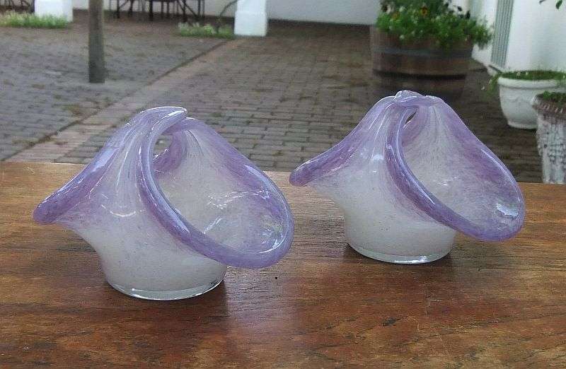 A SPECTACULAR PAIR OF SIGNED ART GLASS SWEET BASKETS BY VASART GLASS.....AMAZING CONDITION !!