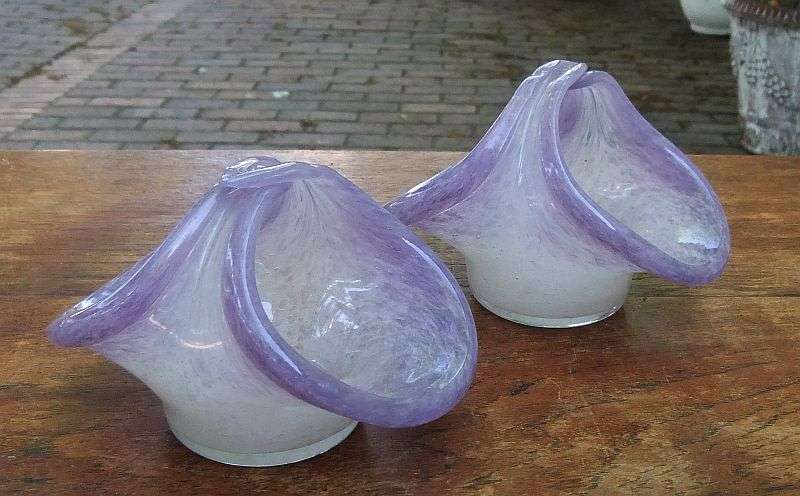 A SPECTACULAR PAIR OF SIGNED ART GLASS SWEET BASKETS BY VASART GLASS.....AMAZING CONDITION !!