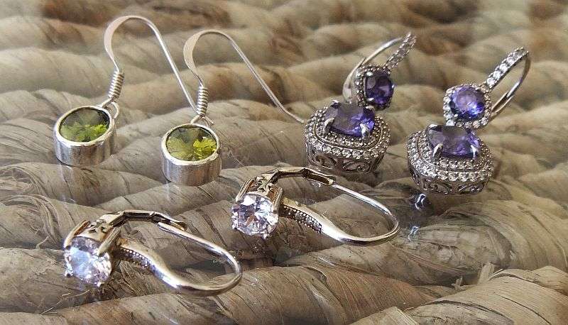 3 AWESOME PAIRS OF SOLID STERLING SILVER EARRINGS SET WITH A VARIETY OF FACETED STONES...BID FOR ALL