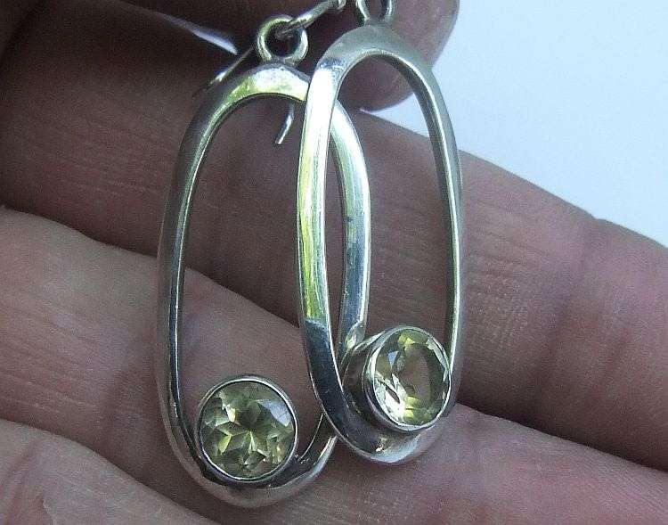 A GREAT QUALITY PAIR OF OVAL STERLING SILVER EARRINGS EACH SET WITH A FACETED STONE ...LOVELY !!