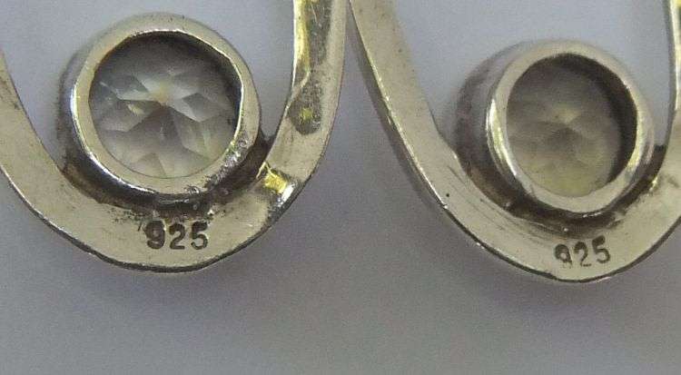 A GREAT QUALITY PAIR OF OVAL STERLING SILVER EARRINGS EACH SET WITH A FACETED STONE ...LOVELY !!