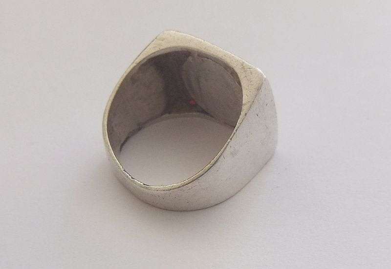 A TOTALLY COOL SOLID STERLING SILVER COIN RING SET WITH FOUR FACETED RED STONES !! WOW !!