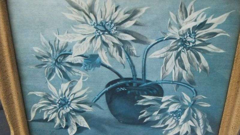 WOW ! A RARE AWESOME PRINT IN ORIGINAL VINTAGE FRAME ... POINSETTIAS BY TRETCHIKOFF !! GREAT FIND !!