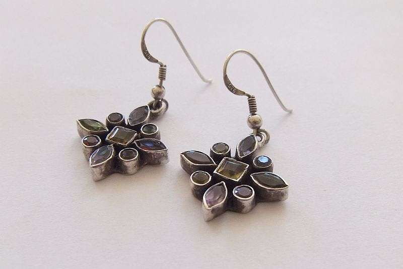 AN EYE CATCHING PAIR OF DANGLING STERLING SILVER EARRINGS SET WITH VARIOUS COLORED STONES !! AWESOME