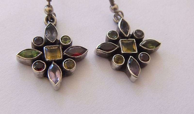 AN EYE CATCHING PAIR OF DANGLING STERLING SILVER EARRINGS SET WITH VARIOUS COLORED STONES !! AWESOME