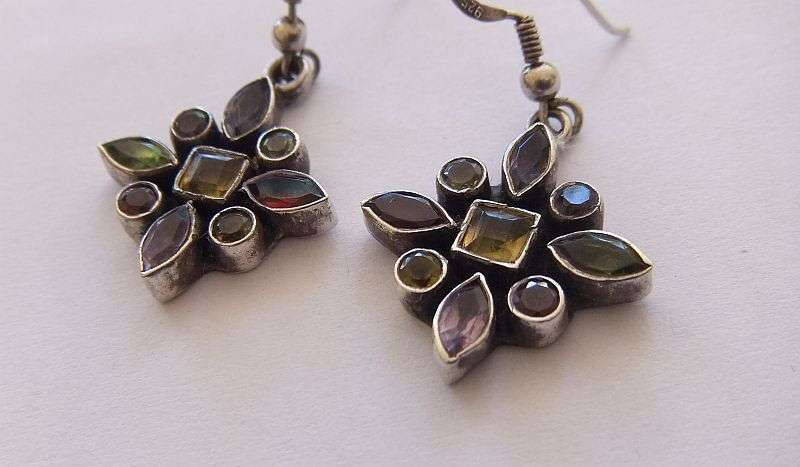 AN EYE CATCHING PAIR OF DANGLING STERLING SILVER EARRINGS SET WITH VARIOUS COLORED STONES !! AWESOME