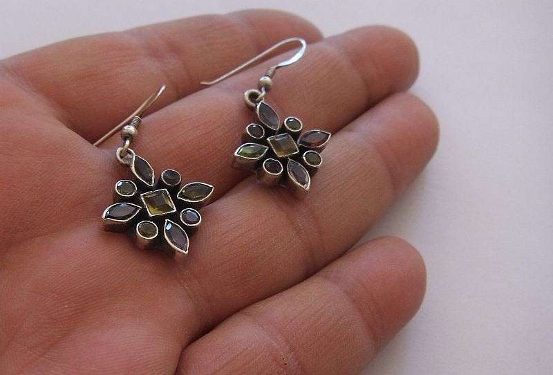 AN EYE CATCHING PAIR OF DANGLING STERLING SILVER EARRINGS SET WITH VARIOUS COLORED STONES !! AWESOME