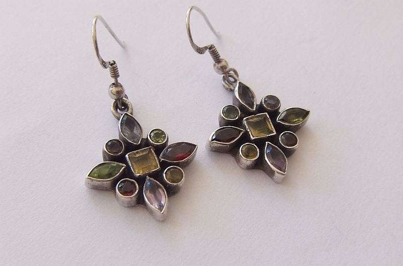 AN EYE CATCHING PAIR OF DANGLING STERLING SILVER EARRINGS SET WITH VARIOUS COLORED STONES !! AWESOME