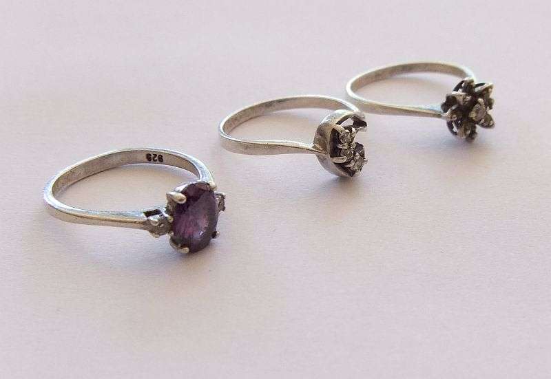 SUPER DEAL !! THREE STYLISH SOLID STERLING SILVER RINGS ... FACETED PURPLE STONE , CLUSTER ETC !!
