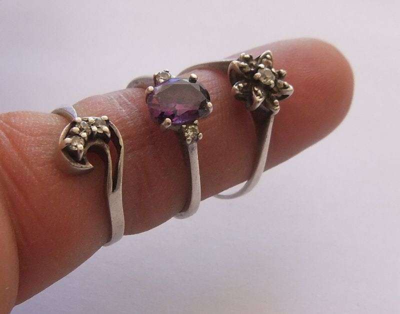 SUPER DEAL !! THREE STYLISH SOLID STERLING SILVER RINGS ... FACETED PURPLE STONE , CLUSTER ETC !!