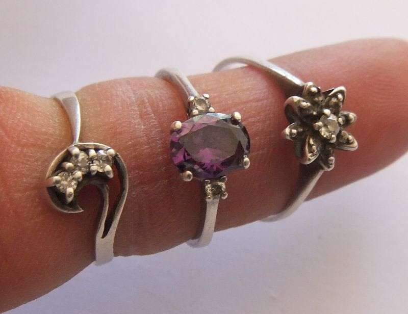 SUPER DEAL !! THREE STYLISH SOLID STERLING SILVER RINGS ... FACETED PURPLE STONE , CLUSTER ETC !!