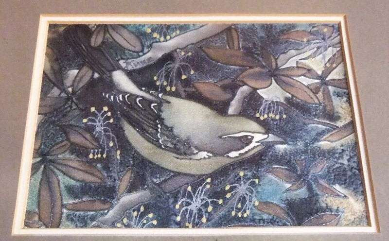 AN ORIGINAL ACRYLIC PAINTING OF A BIRD AMONG TREE TOP BRANCHES AND LEAVES SIGNED ANNE ...CHARMING !!