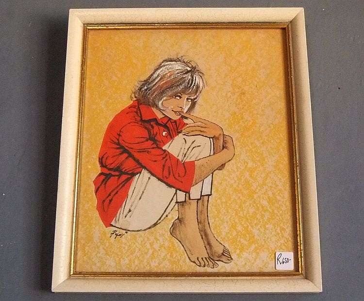 WOW !! A VERY ATTRACTIVE SIGNED ORIGINAL MIXED MEDIA ARTWORK OF A YOUNG GIRL ...1970`S STYLE