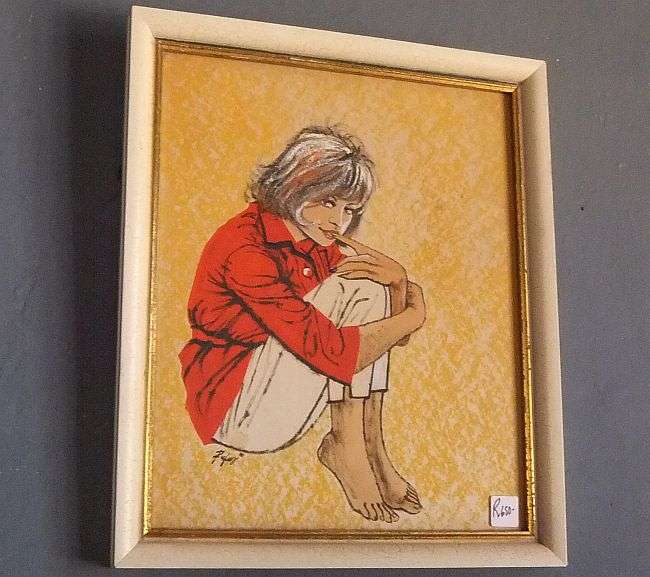 WOW !! A VERY ATTRACTIVE SIGNED ORIGINAL MIXED MEDIA ARTWORK OF A YOUNG GIRL ...1970`S STYLE