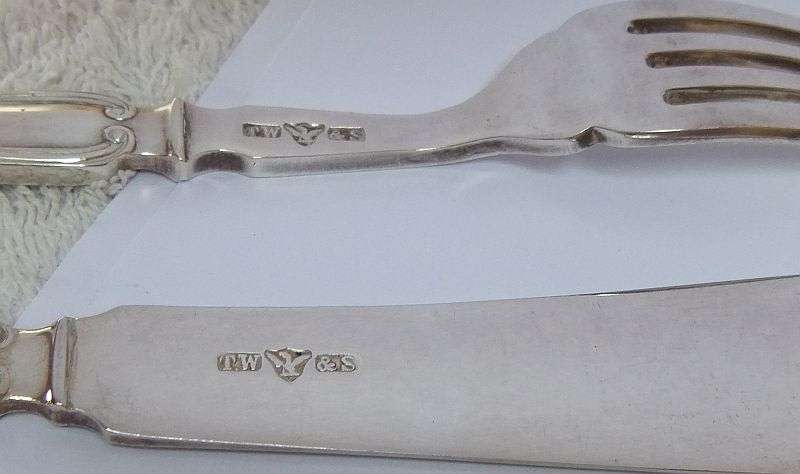 DINNER FOR FOUR ... FOUR OLD SILVER PLATE KNIVES AND FORKS PAIRS MARKED WITH """ T.W & S """