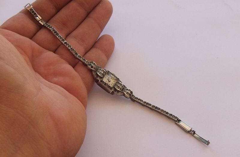 A RARE VINTAGE ART DECO STYLE STERLING SILVER WIND UP COCKTAIL WATCH BY LANCO ...WORKING