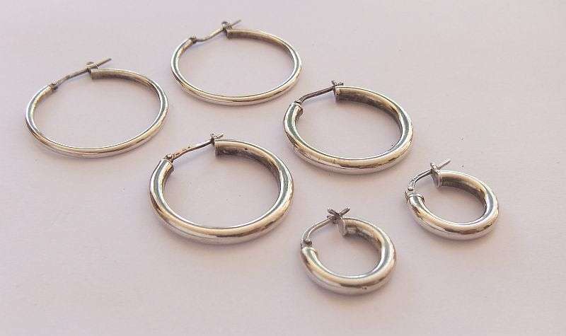 SUPER DEAL !! 3 VARIOUS SIZE TUBE HOOP STERLING SILVER EARRINGS WITH HINGED "PINS" ...QUALITY LOT !!