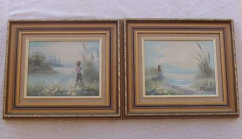 WOW !! A VERY CHARMING PAIR OF ORIGINAL OIL ON BOARD PAINTINGS DEPICTING YOUNG CHILDREN AT THE LAKE