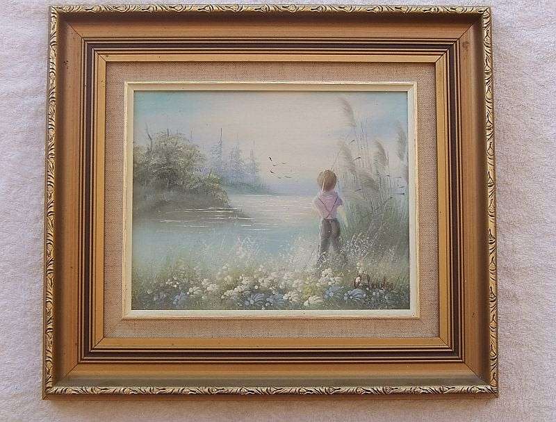 WOW !! A VERY CHARMING PAIR OF ORIGINAL OIL ON BOARD PAINTINGS DEPICTING YOUNG CHILDREN AT THE LAKE