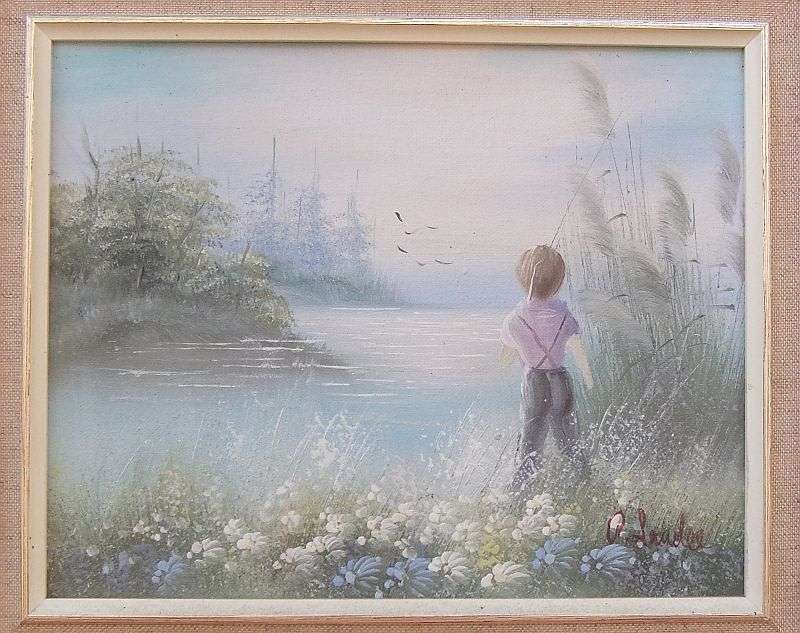 WOW !! A VERY CHARMING PAIR OF ORIGINAL OIL ON BOARD PAINTINGS DEPICTING YOUNG CHILDREN AT THE LAKE