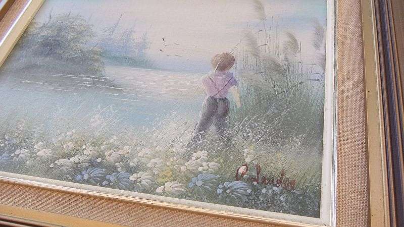 WOW !! A VERY CHARMING PAIR OF ORIGINAL OIL ON BOARD PAINTINGS DEPICTING YOUNG CHILDREN AT THE LAKE