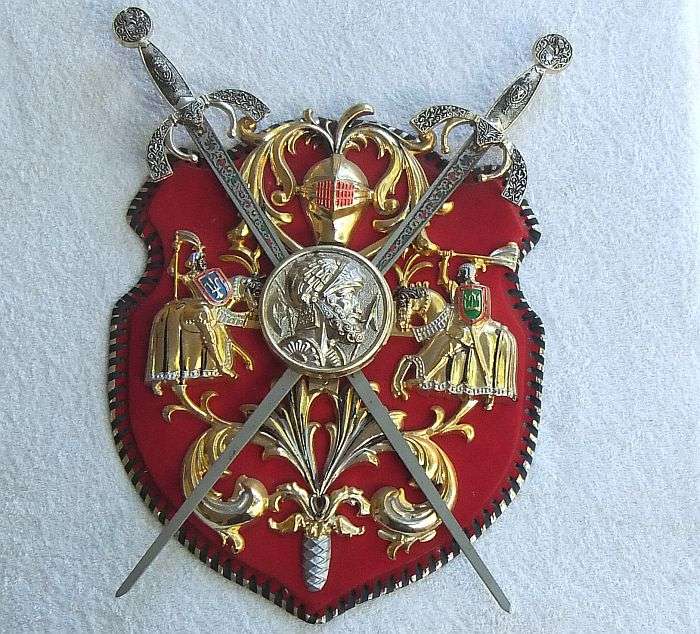 TOO COOL !! A VINTAGE WALL HANGING "" KNIGHTS SWORDS AND SHIELD " WITH DECORATIONS !! MAN CAVE !!