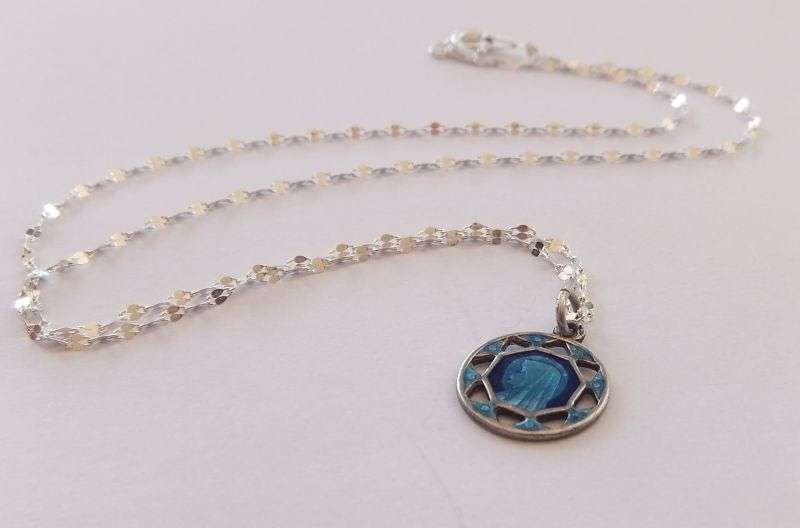 SUPER RARE !! VINTAGE FRENCH ENAMEL ON STERLING SILVER "MADONNA" PENDANT + STERLING SILVER NECKLACE