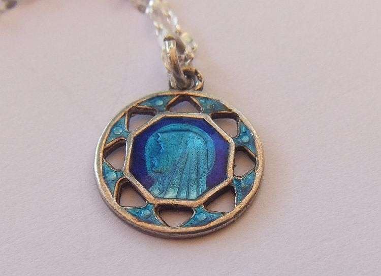 SUPER RARE !! VINTAGE FRENCH ENAMEL ON STERLING SILVER "MADONNA" PENDANT + STERLING SILVER NECKLACE