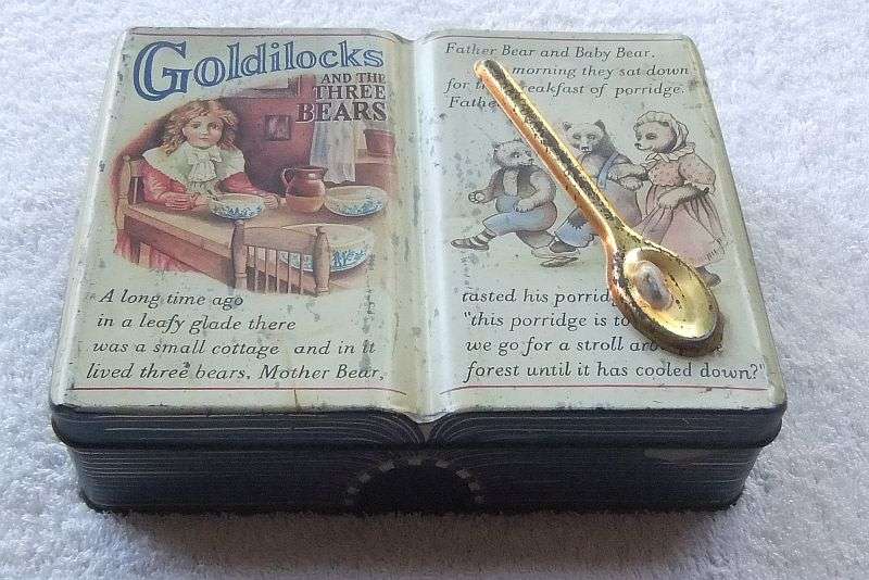 MUST SEE !! A CHARMING VINTAGE GOLDILOCKS THEME TIN FILLED WITH ALL SORTS OF INTERESTING THINGS !!