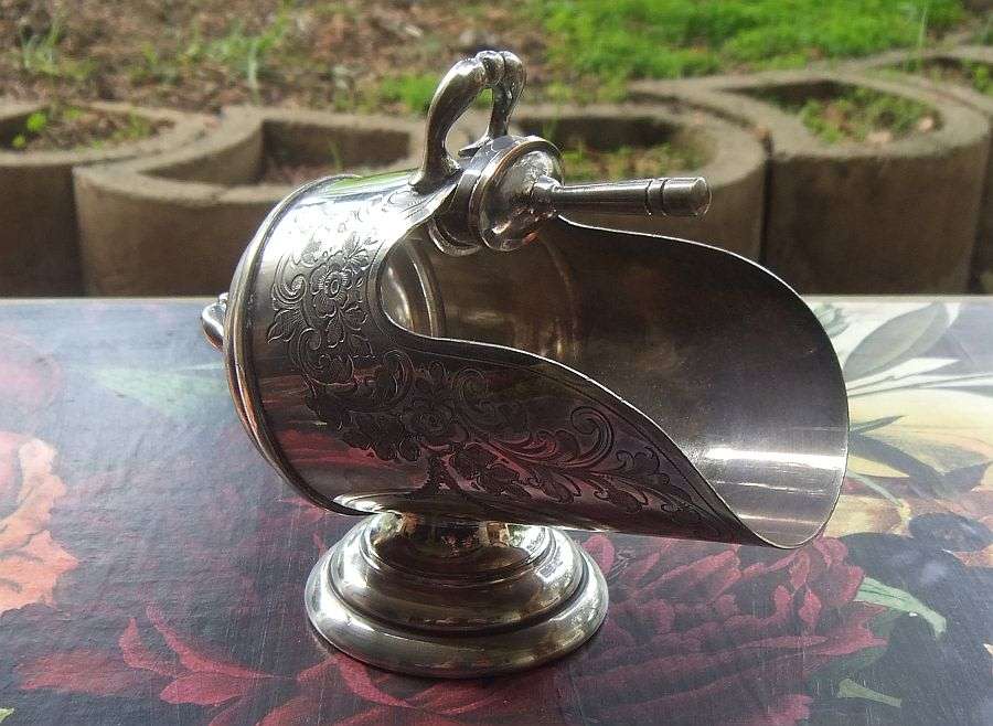 SWEET !! A QUAINT ANTIQUE SILVER PLATE ""COAL SHUTTLE"" SALT OR SUGAR CELLAR WITH ORIGINAL SCOOP !!