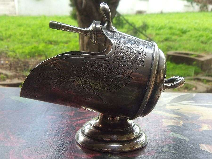 SWEET !! A QUAINT ANTIQUE SILVER PLATE ""COAL SHUTTLE"" SALT OR SUGAR CELLAR WITH ORIGINAL SCOOP !!