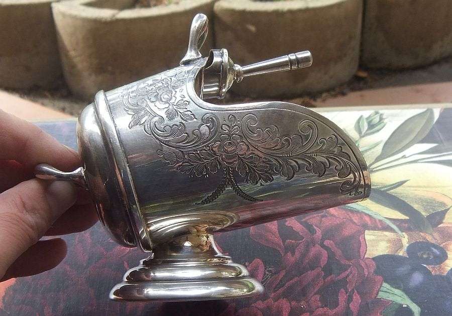 SWEET !! A QUAINT ANTIQUE SILVER PLATE ""COAL SHUTTLE"" SALT OR SUGAR CELLAR WITH ORIGINAL SCOOP !!