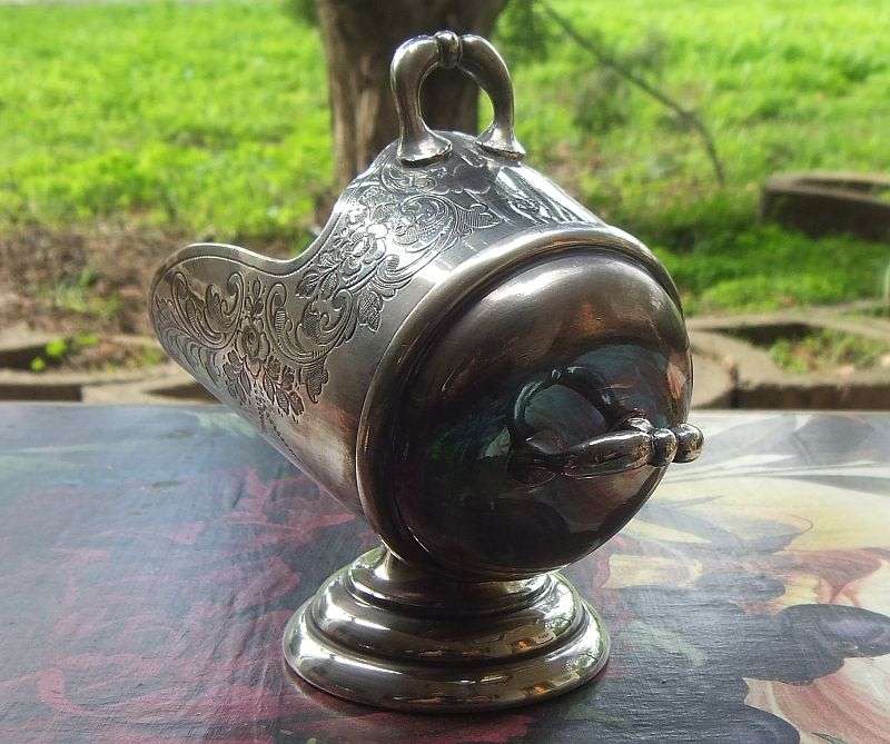 SWEET !! A QUAINT ANTIQUE SILVER PLATE ""COAL SHUTTLE"" SALT OR SUGAR CELLAR WITH ORIGINAL SCOOP !!