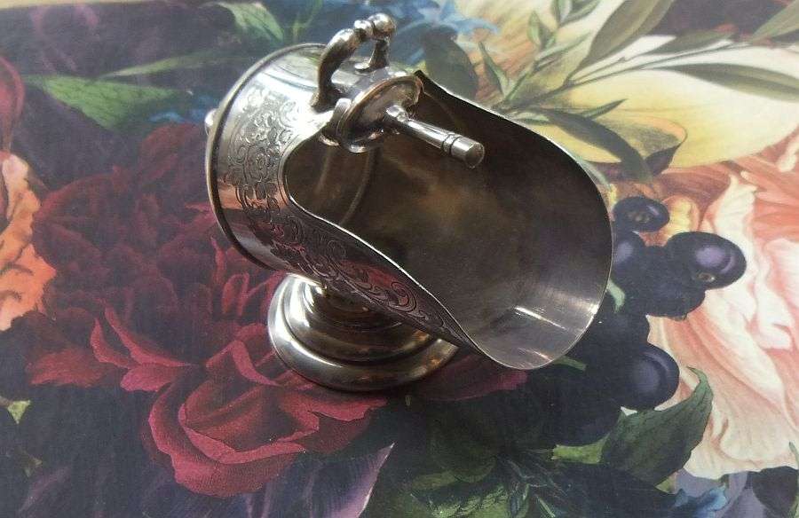 SWEET !! A QUAINT ANTIQUE SILVER PLATE ""COAL SHUTTLE"" SALT OR SUGAR CELLAR WITH ORIGINAL SCOOP !!